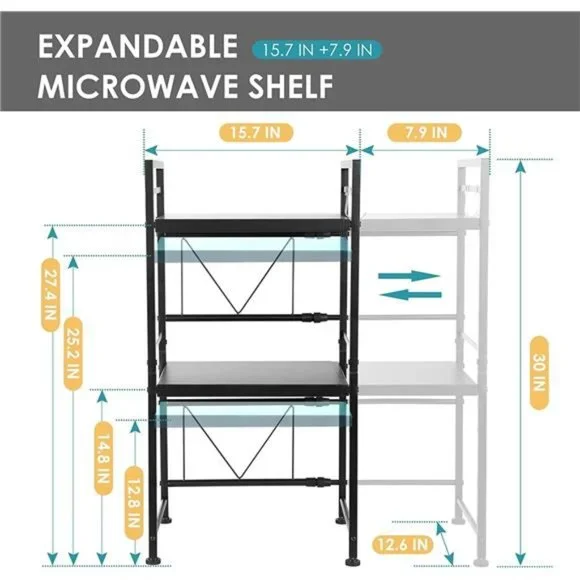 3 Tier Microwave Oven Rack Expandable Carbon Steel with 3 Hooks
